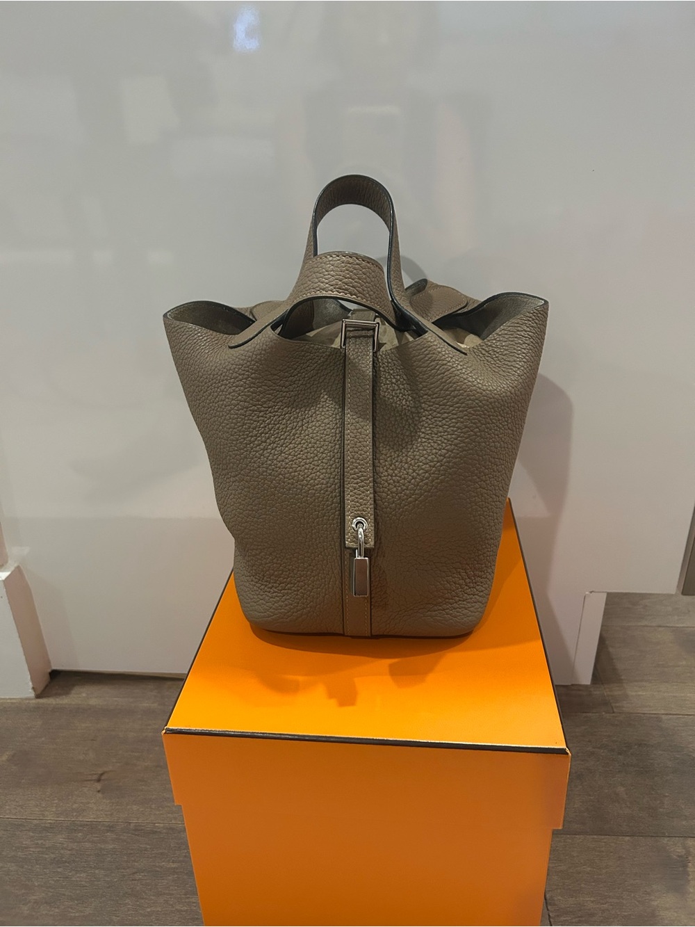 Hermes Taupe Gray Pebbled Leather Drawstring Tote